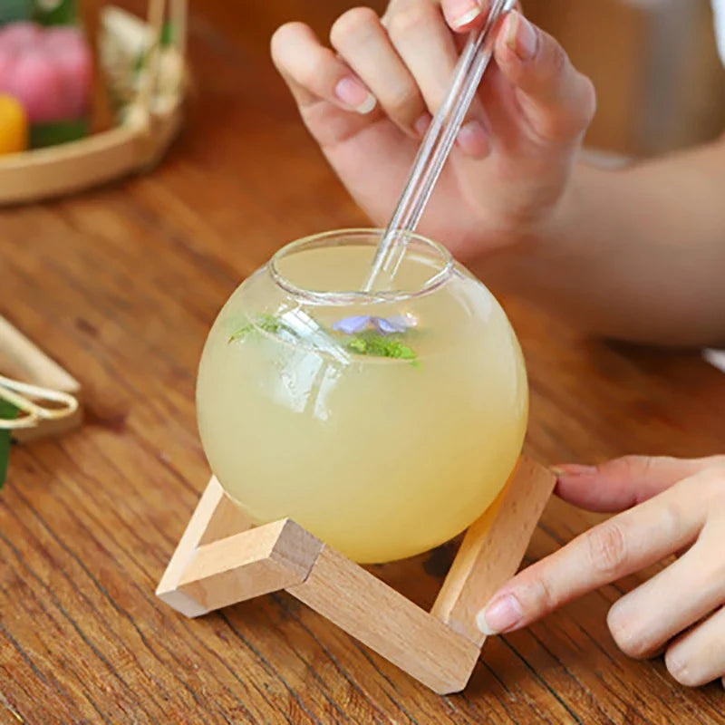 Round Ball Cocktail Glass with Wood Stand | Creative Bar Tumbler
