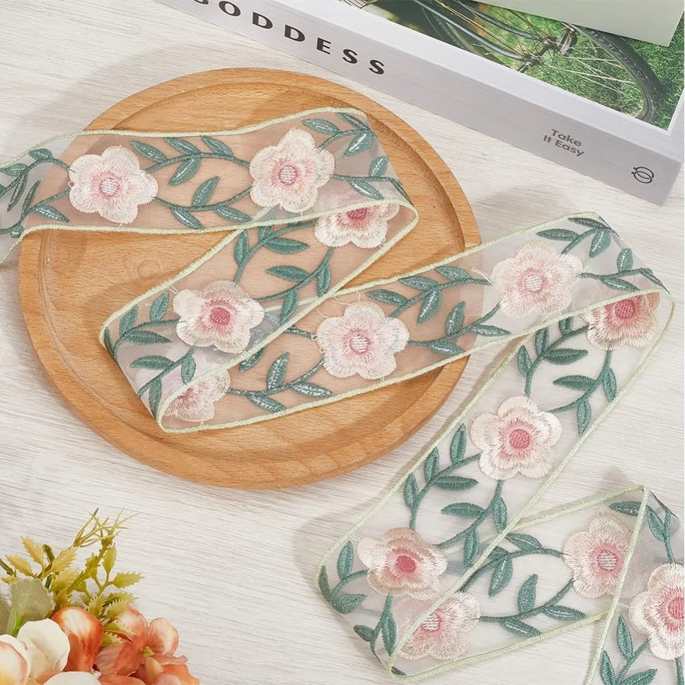 White Organza Embroidery Flower Trim Ribbon 5 Yards 49mm
