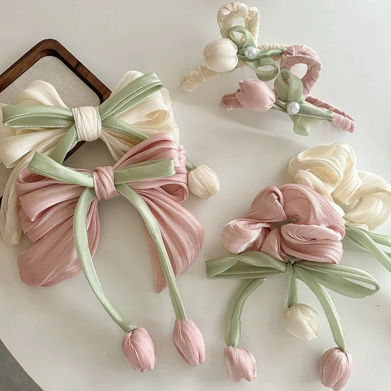 Tulip Ribbon Bow Hair Clip with Tassels – Women & Girls