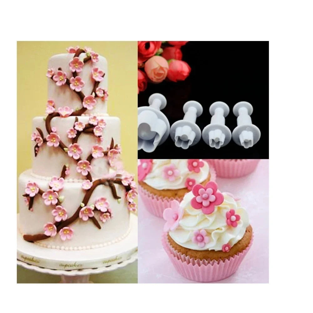 4-Piece Plum Flower Plunger Fondant Cutter Mold Set