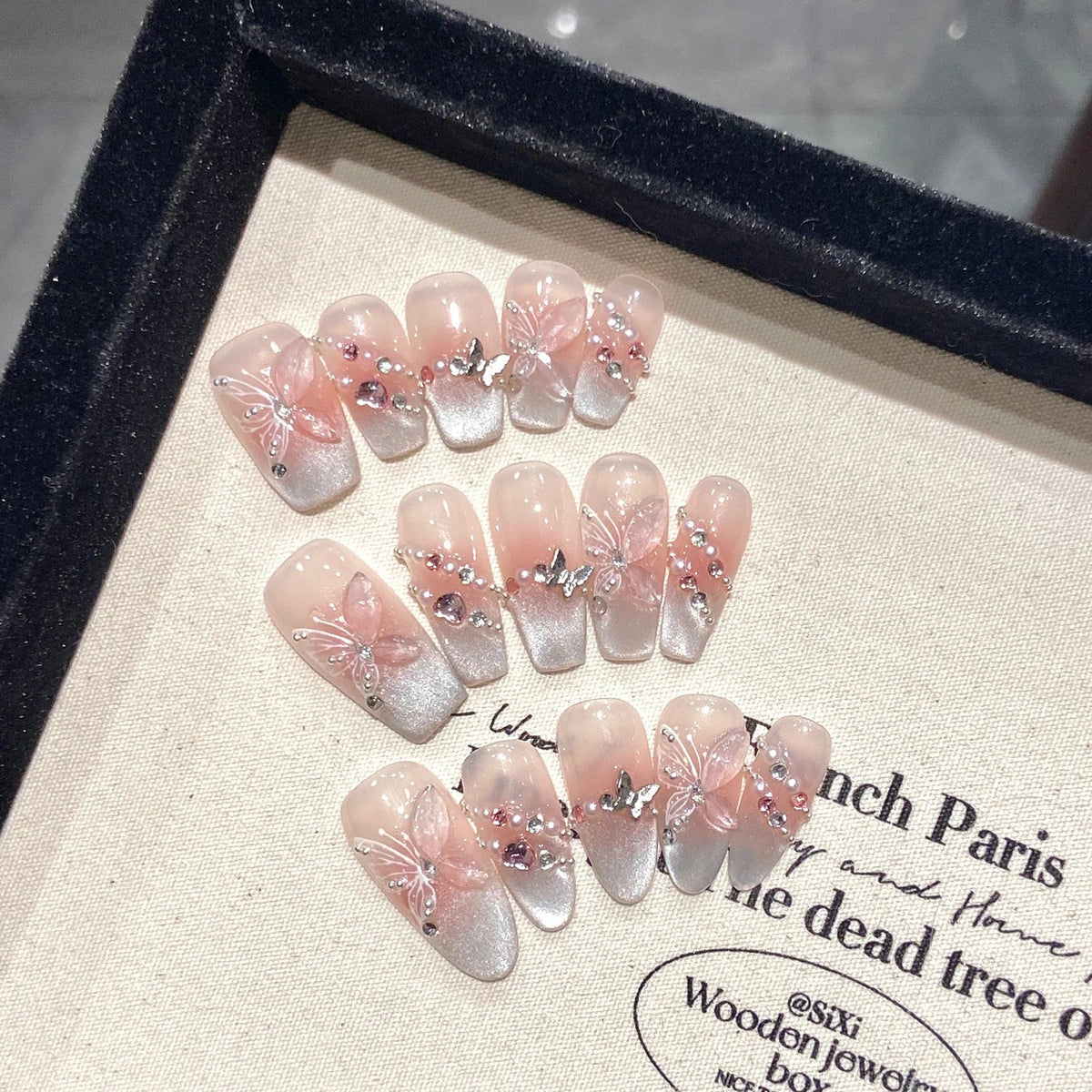 Press On Nails Pink Butterfly French Cat Eye | 10pcs Full Cover