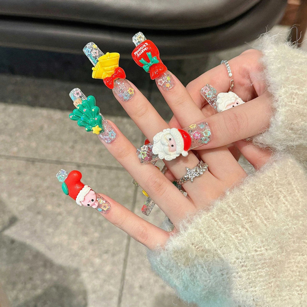 Christmas Press-On Nails | 3D Glitter Santa & Snowflake Set