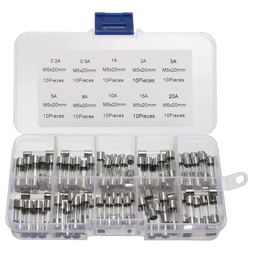 100-Pack 5x20mm Fast-Blow Glass Tube Fuse Kit 0.2A–20A 250V