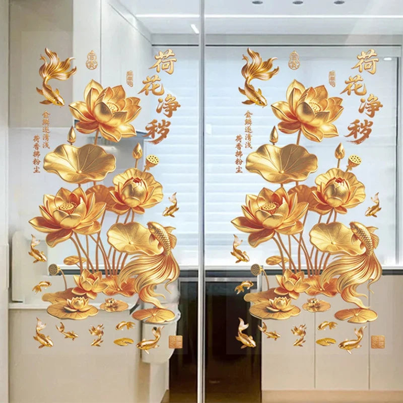 3D Koi & Golden Lotus Glass Sticker – Chinese Style PVC Decal