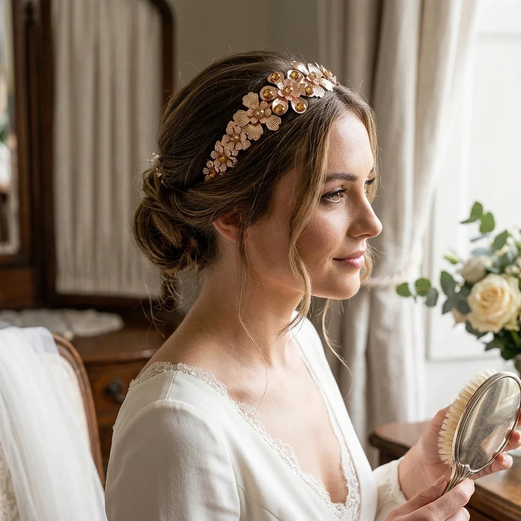 Bridal Floral Metal Leaf Headband | Elegant Wedding Hair Piece
