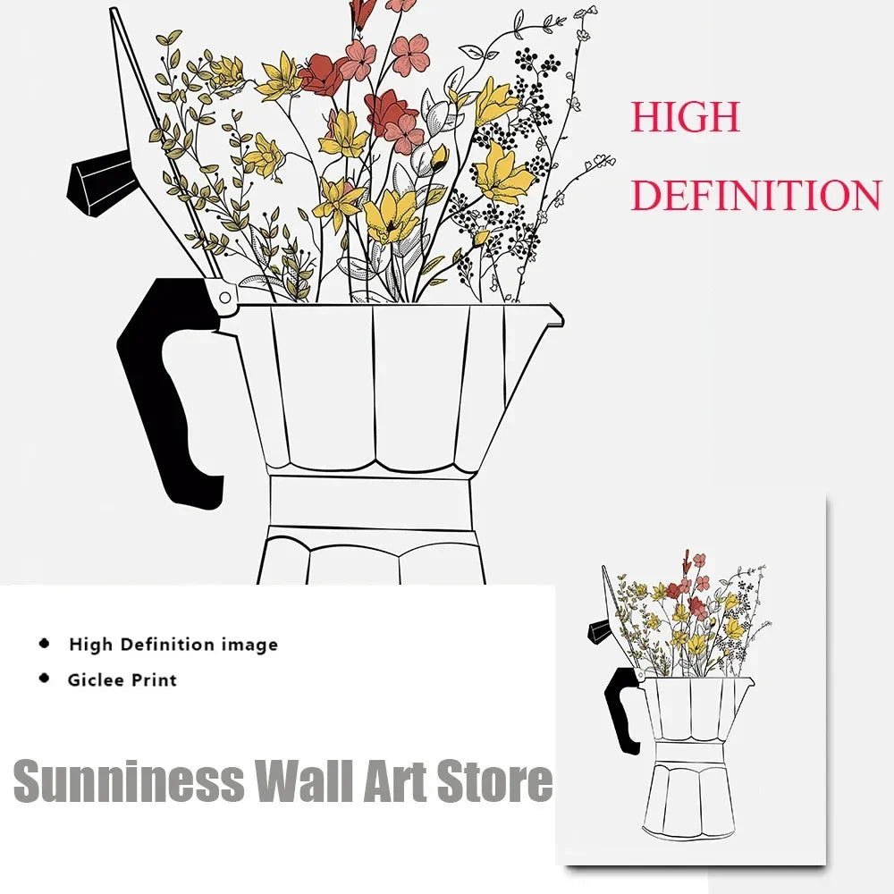 Coffee Lover Canvas Wall Art | Nordic Floral Cup Print Poster