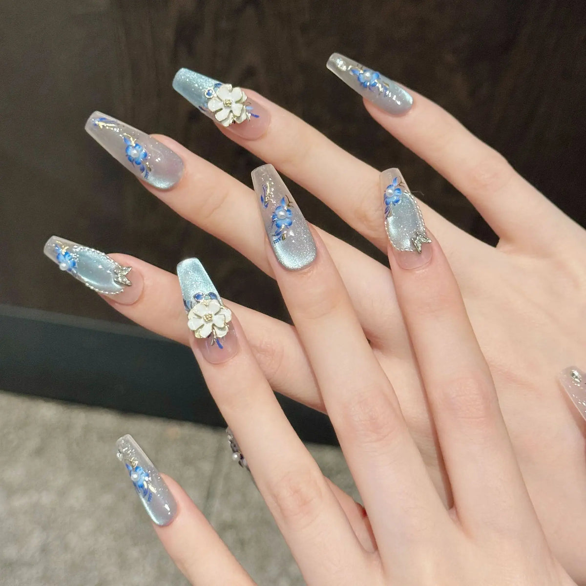 10pcs Chinese Style Press On Nails 3D Flowers Cat's Eye Blue Butterfly
