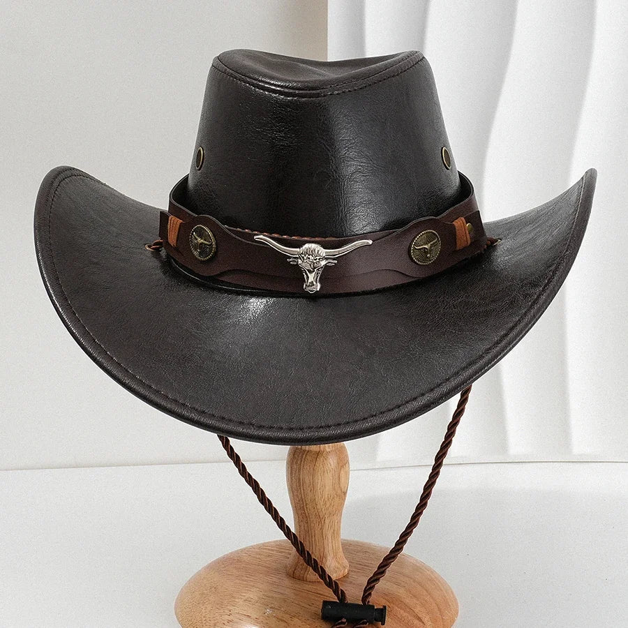 Unisex Vintage Faux Leather Western Cowboy Hat Outdoor Gentleman