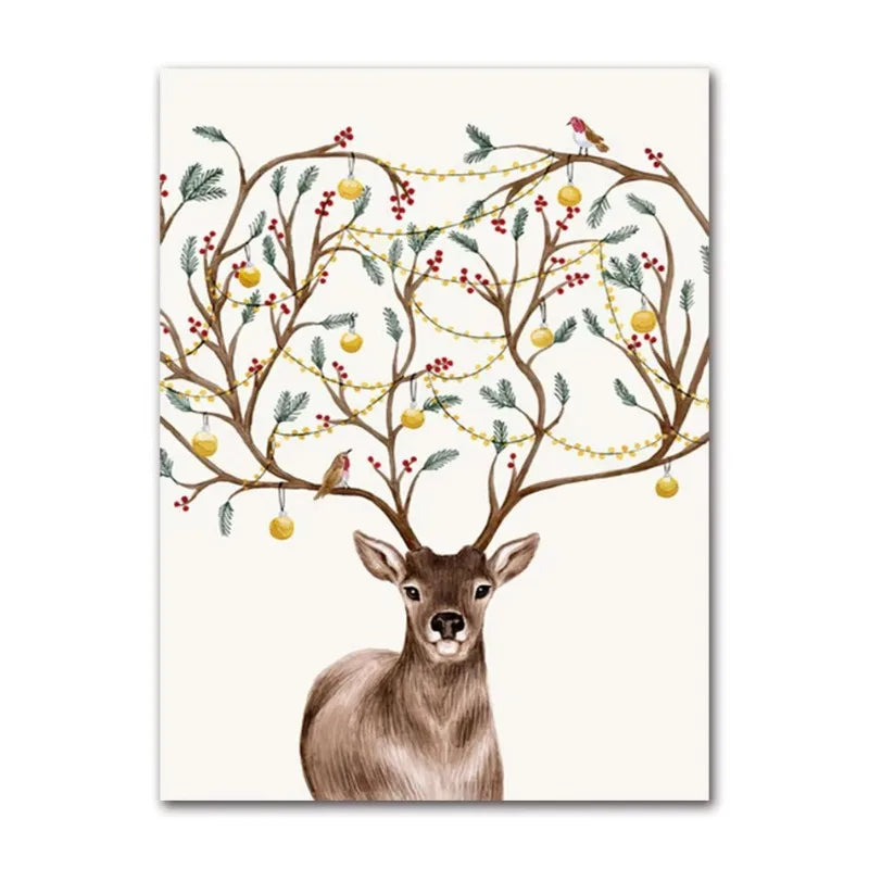 Christmas Elk Snow Canvas Wall Art | Winter Scenic Poster