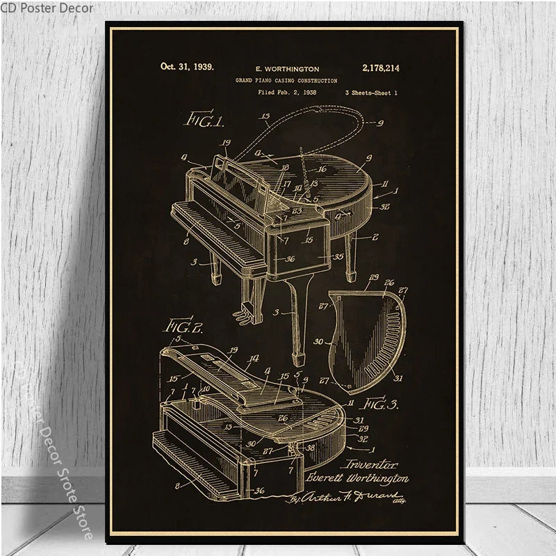 Retro Music Instrument Wall Poster – Trumpet Violin Piano Art