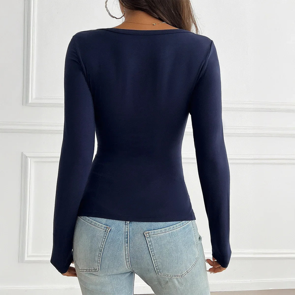 Women's Blue V-Neck Slim Fit Knit Long Sleeve Pullover Top