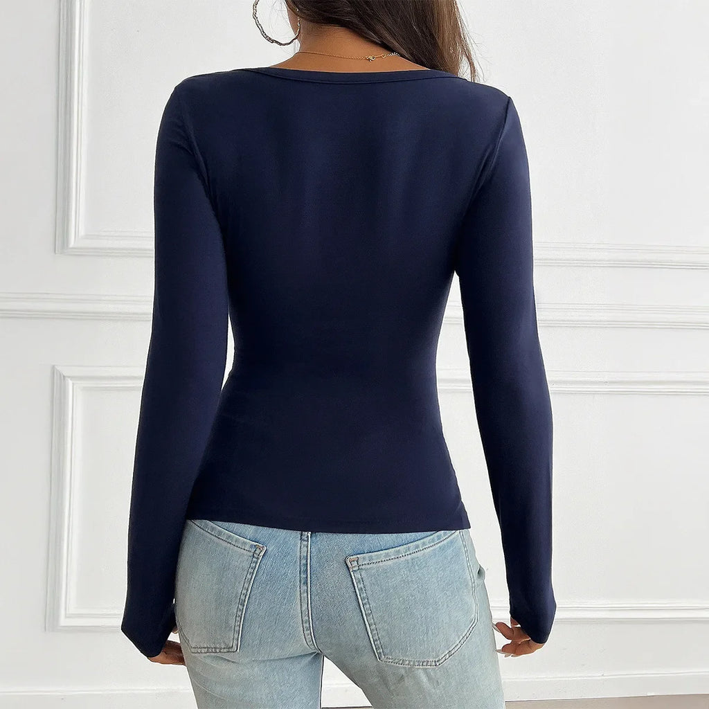 Women's Blue V-Neck Knit Slim Fit Long Sleeve Pullover Top