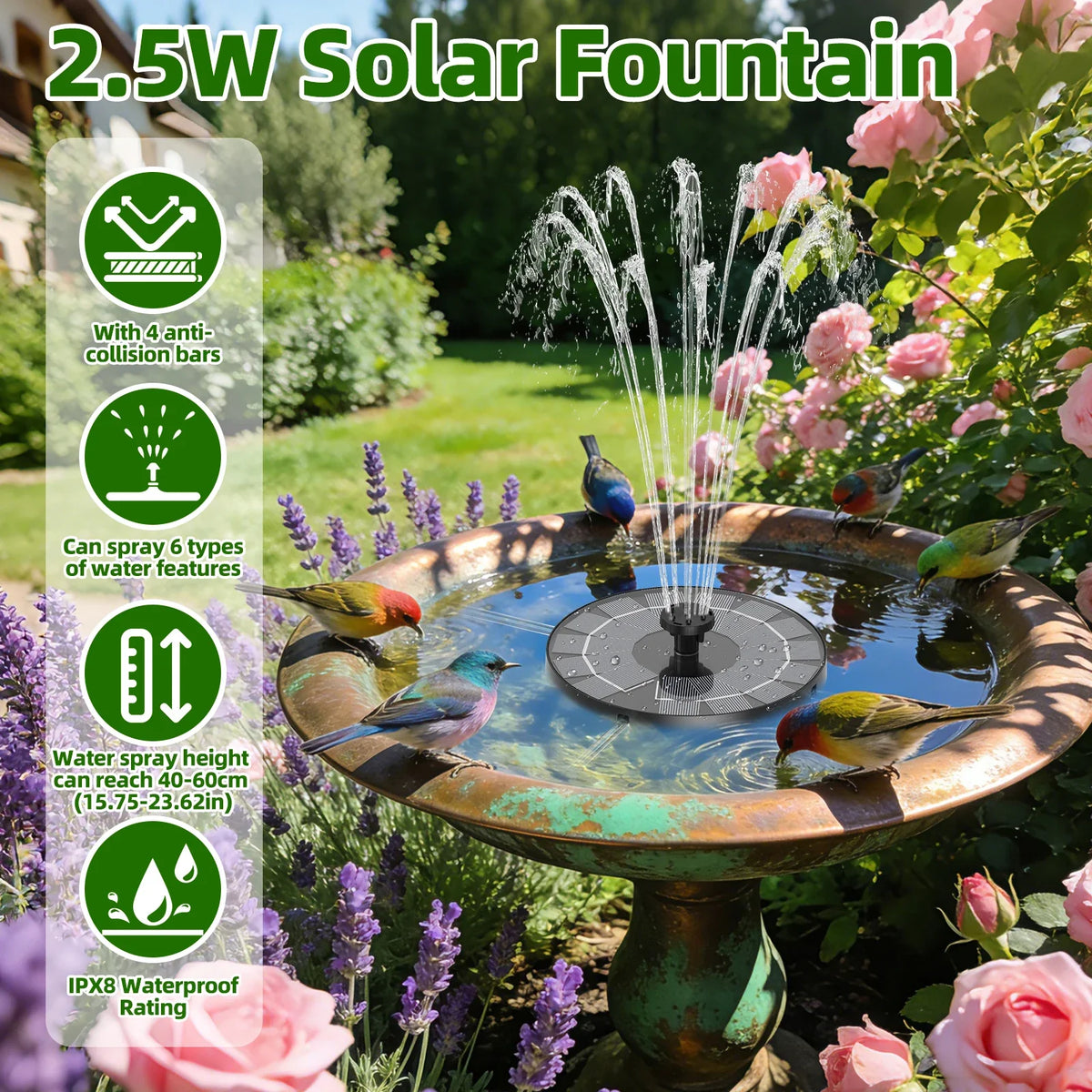 2.5W Solar Fountain with 6 Nozzles – Garden Pond & Pool