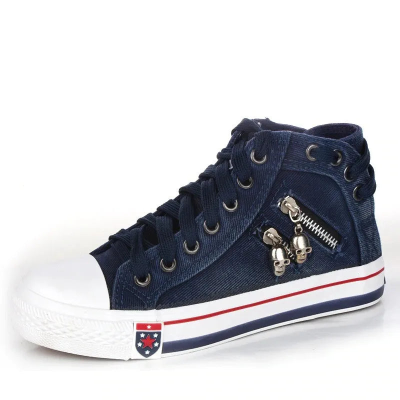 Women's High Top Denim Canvas Sneakers – Lace-Up Flat Shoes