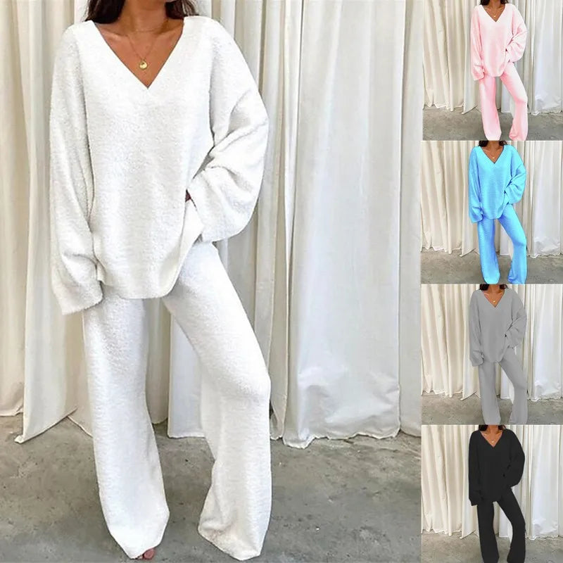 Women's Winter V-Neck Pajama Set – 2-Piece Sleepwear S–3XL
