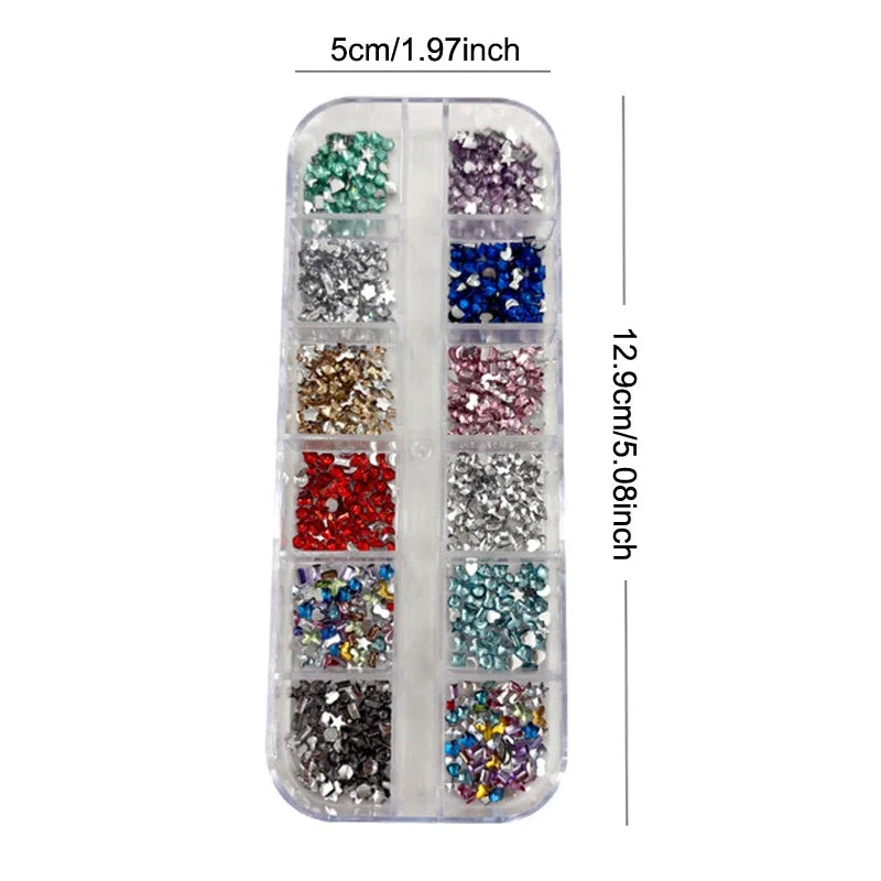 12-Grid 3D Flatback Nail Rhinestones | Crystal Nail Art Charms