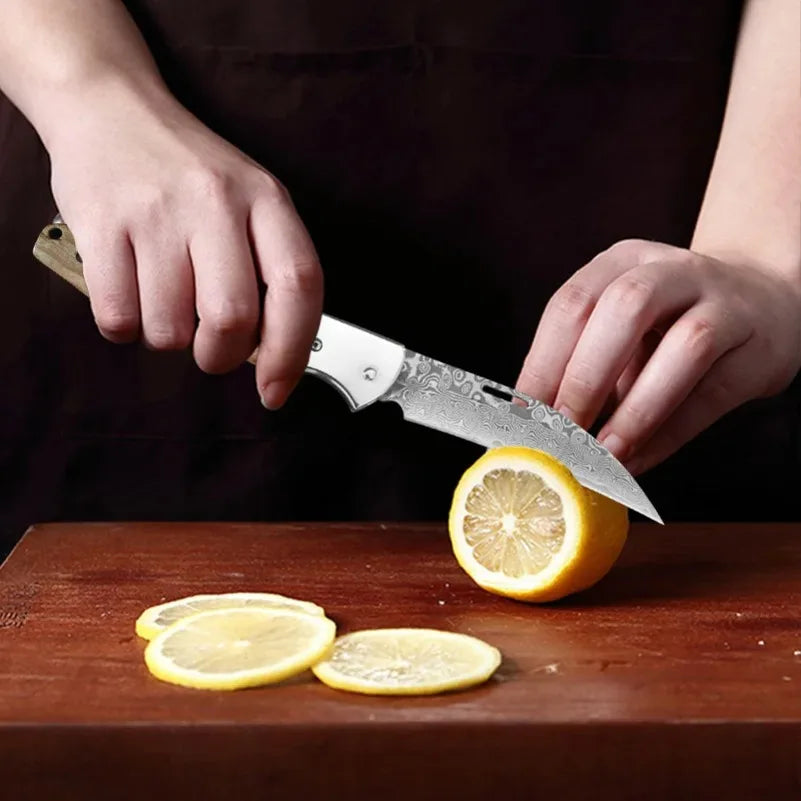 InLeung Damascus Steel Folding Knife – Wood Handle | 9cm Blade