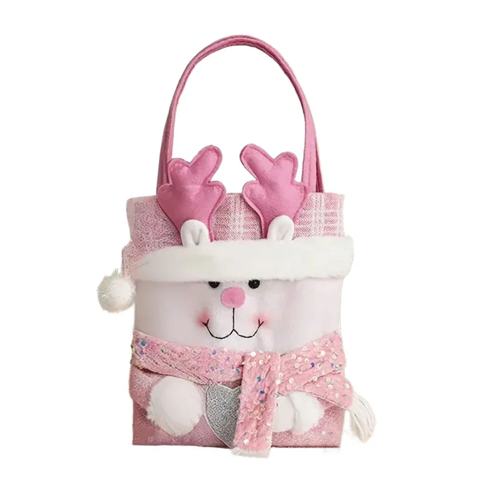 Christmas Gift Bag – Cartoon Doll Fabric & Pink Beads | Festive