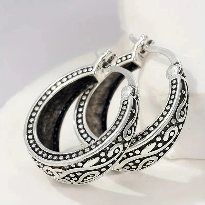 Huitan Antique Silver Geometric Hoop Earrings | Vintage Women