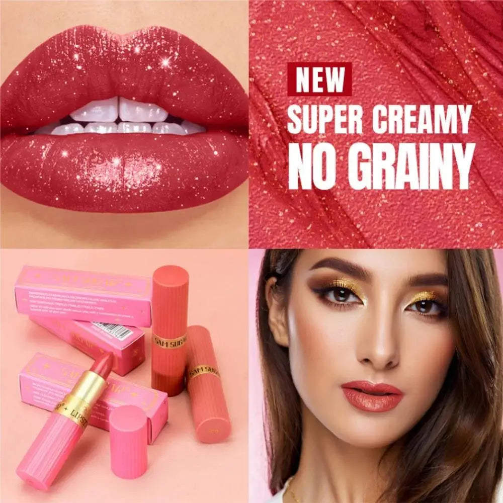 SAM SUGAR Metallic Glitter Lipstick – Shimmer Pearl Lip Gloss