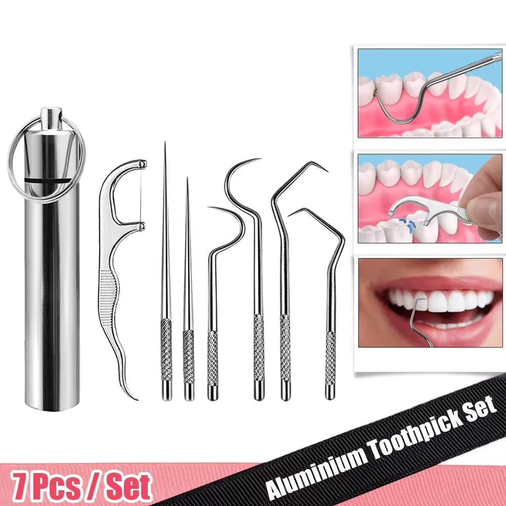 7-Piece Reusable Metal Toothpick Set | Portable Oral Cleaning Kit