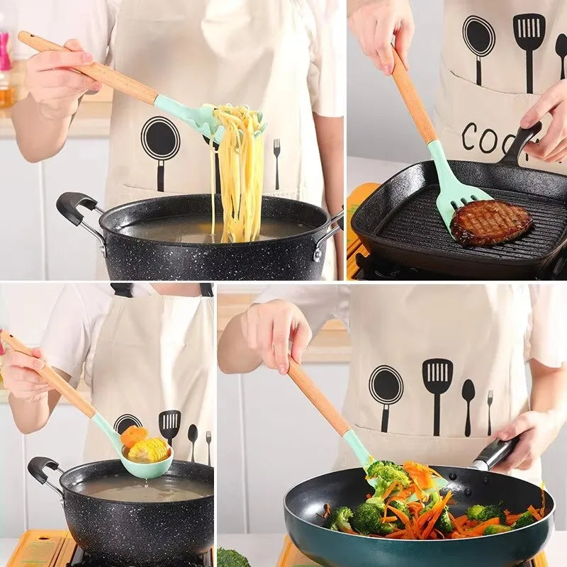 12-Piece Silicone Kitchen Utensil Set – Wood Handle & Storage