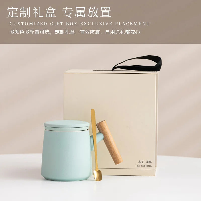 Office Wooden Handle Mug Japanese-style Ceramic Tea Cup Frosted Water