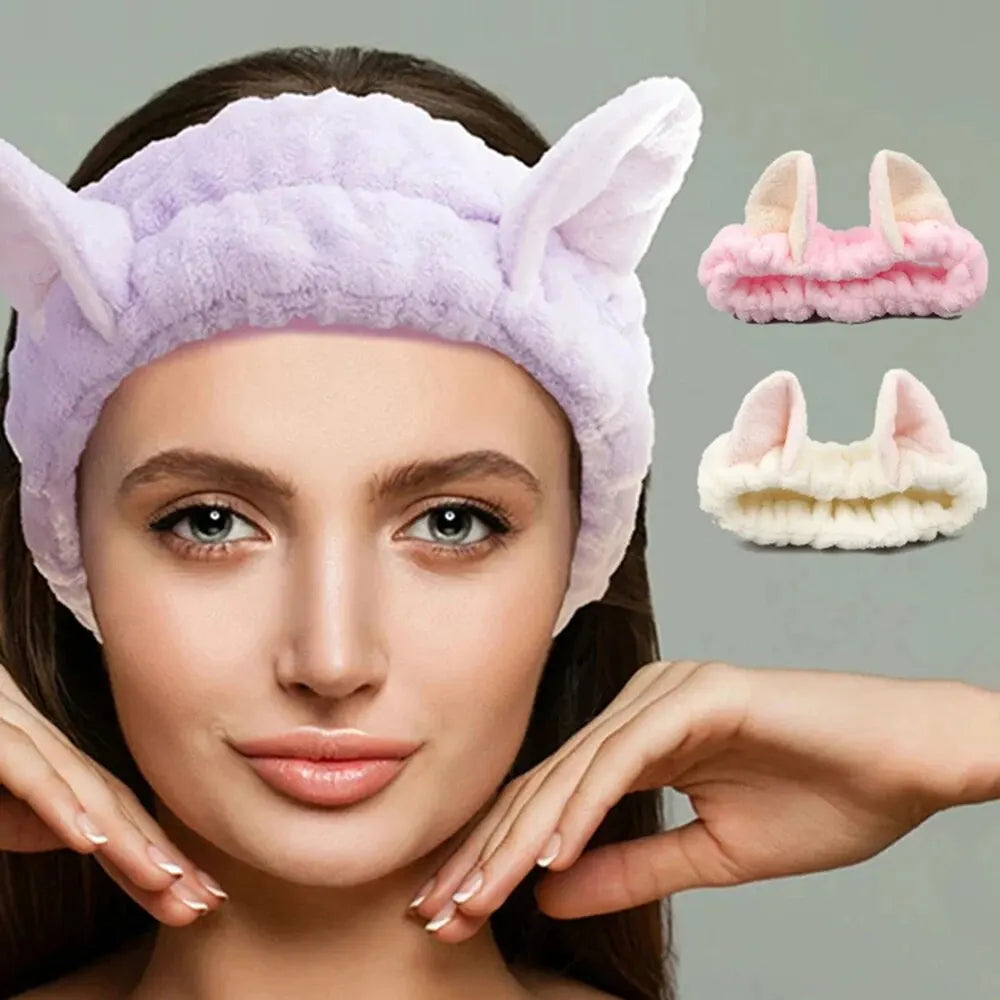 Cat Ear Coral Plush Headband – Soft Bow Makeup Hair Band
