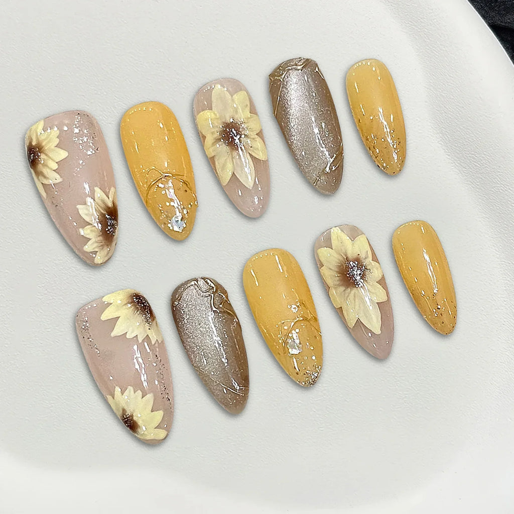 Press On Nails Cat Eye Almond Sunflower Design | YADORNOS 10pc