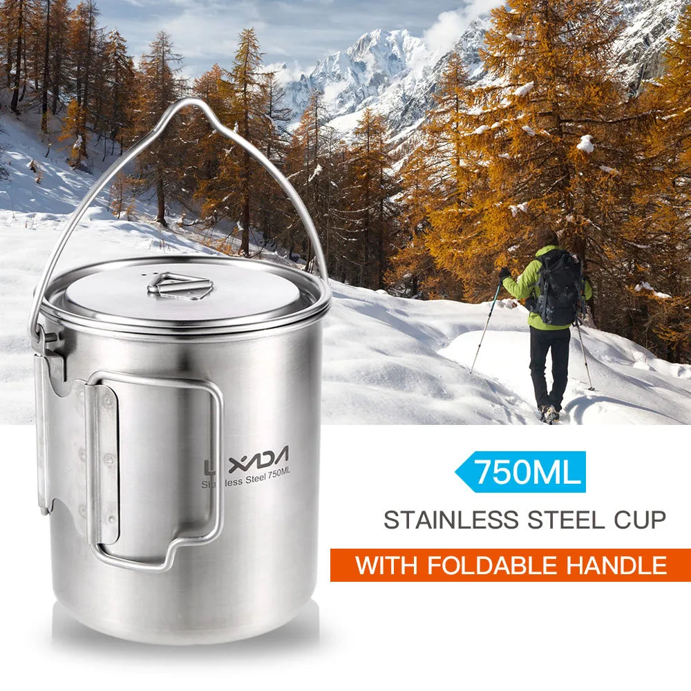 Lixada Outdoor Stainless Steel Water Cup Mug Foldable Handles Lid