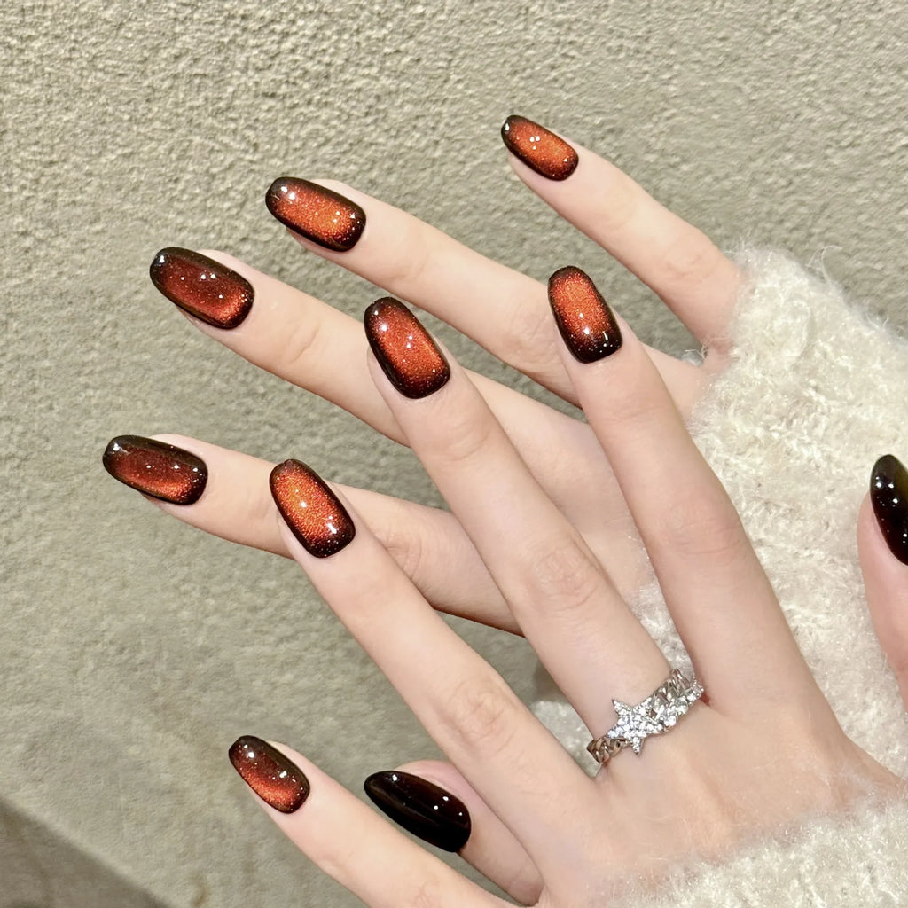 Amber Gradient Press On Nails | Glitter Cat's Eye Almond Set