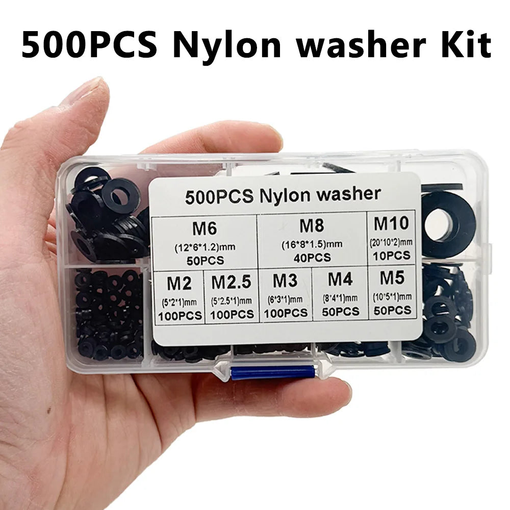 500 Pcs Nylon Flat Washer Kit M2–M10 | 8 Metric Sizes
