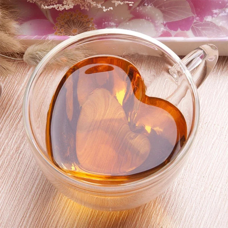 Heart-Shaped Double Glass Mug – Heat-Resistant Borosilicate Cup