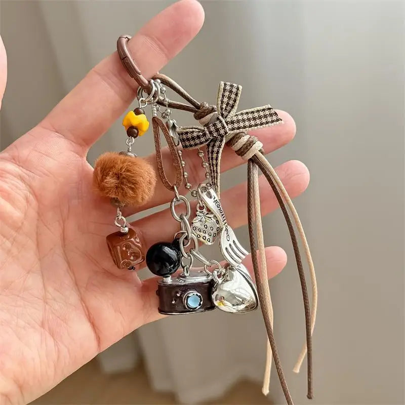 Braided Rope Bow Bead Fluffy Ball Keychain Charm | Girls Gift