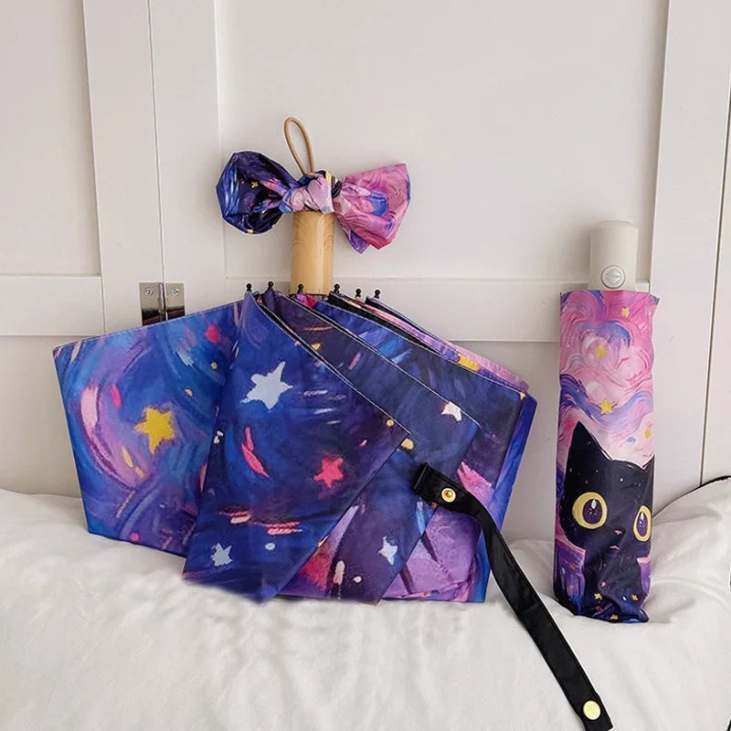 Cartoon Cat Pink Folding UV Umbrella – Auto Open, Sun & Rain