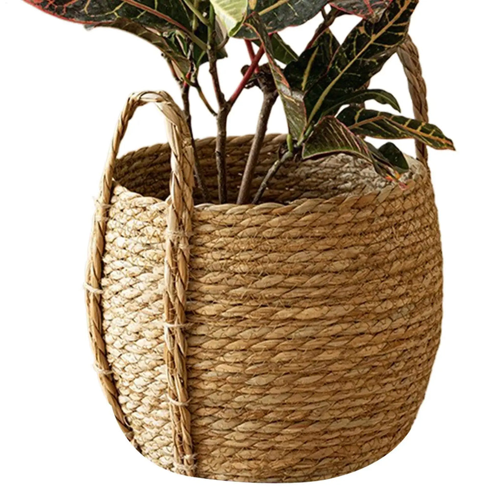Rattan Planter Basket Floor-standing Flower Pot Handle Woven Plant