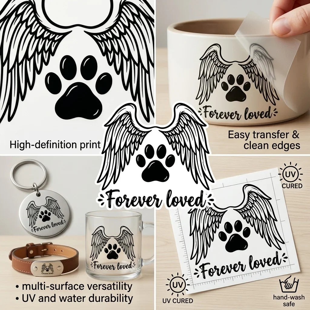 Pet Memorial UV Sticker "Forever Loved" Paw Angel Wings Decal