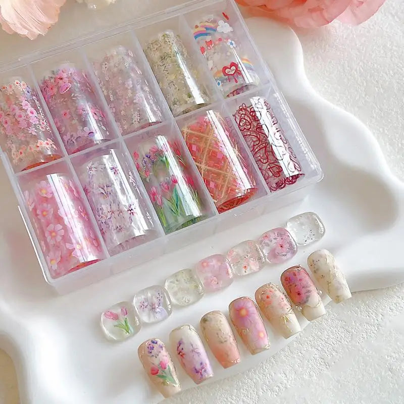 10 Rolls Floral Butterfly Nail Foil Transfer Stickers Set