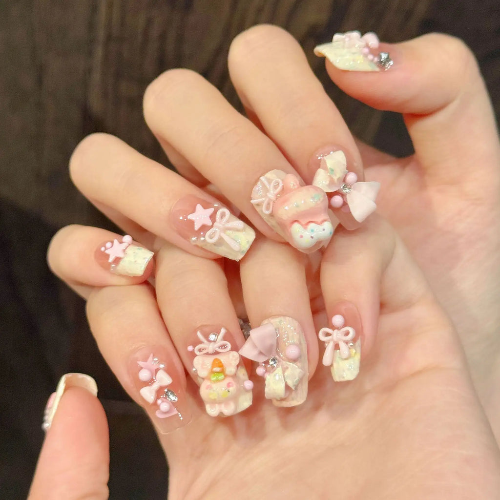 10pcs Handmade Pink Press On Nails | 3D Strawberry Bow Rabbit