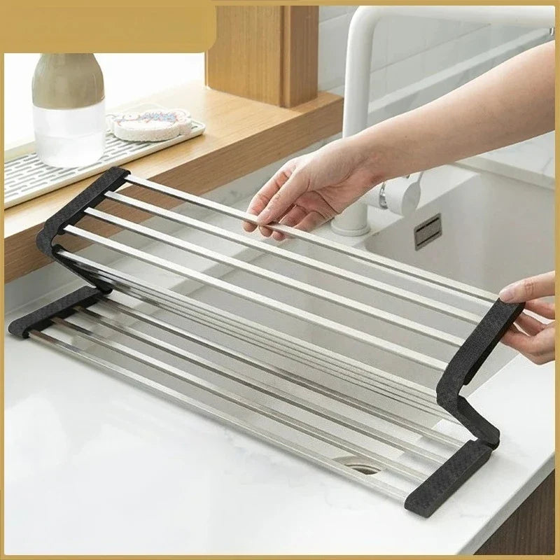 SUS304 Stainless Steel Foldable Roll-Up Dish Drying Rack