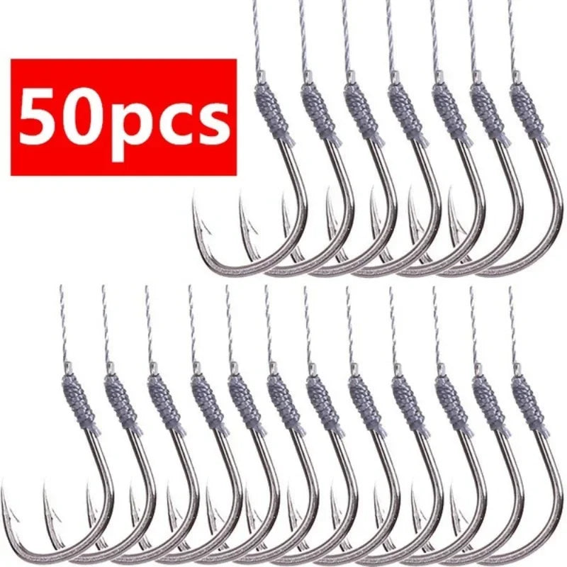50 Hooks Fishs Tool Tied Good Strong Horse Line Double Hook Pair