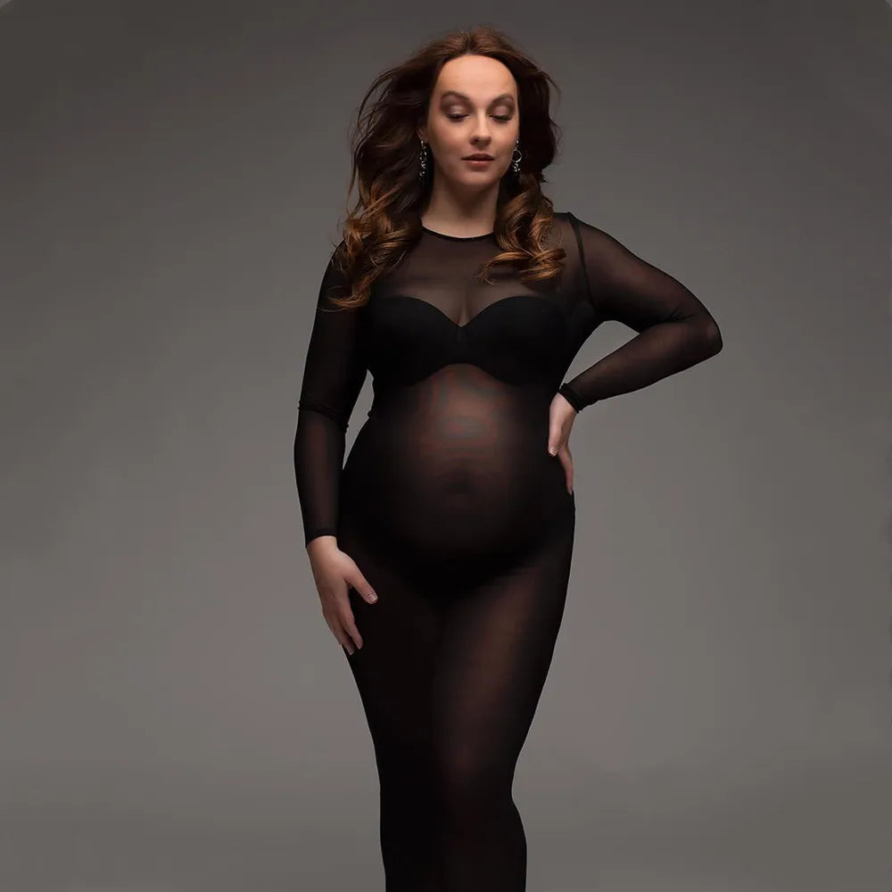 Tulle Maternity Bodysuit Dress | Long Sleeve Mesh Photo Shoot