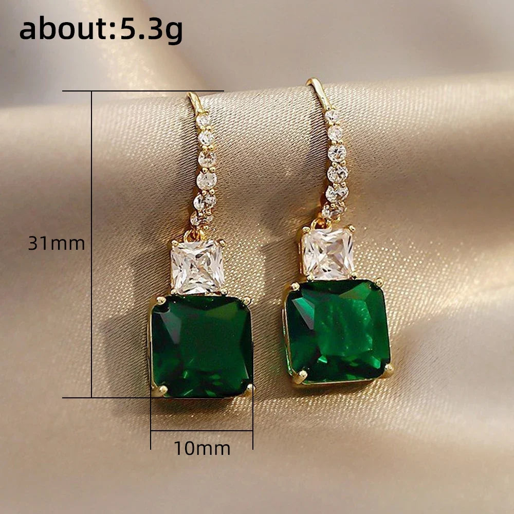 Huitan Green CZ Gold Drop Earrings – Geometric Fashion Jewelry