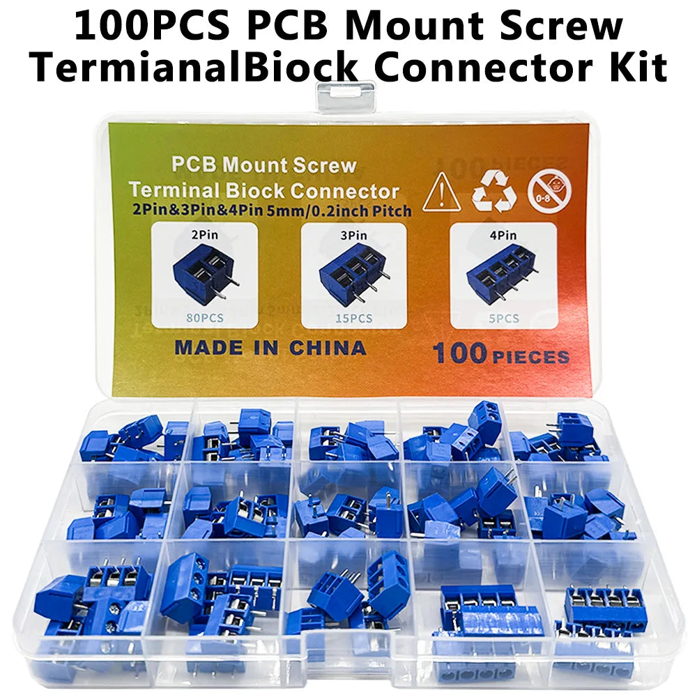 100PCS KF301 PCB Screw Terminal Block Kit 2P 3P 4P 5.08mm