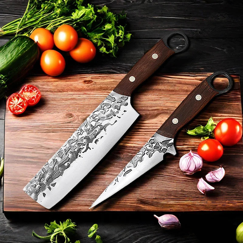 Forged Stainless Steel Cleaver & Nakiri Knife Set – Wood Handle