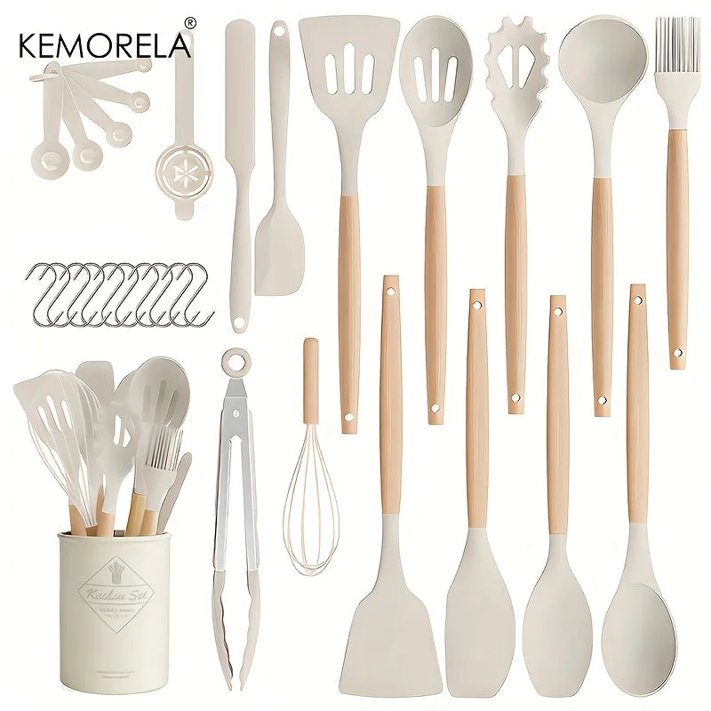 KEMORELA 30-Piece Silicone Cooking Utensil Set – Wooden Handles