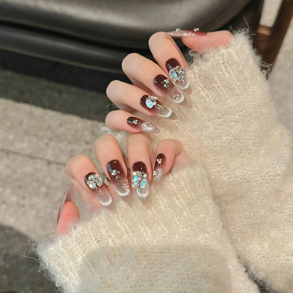 Handmade Press Nails Autumn Winter Sparkling French Cat Eye Fake
