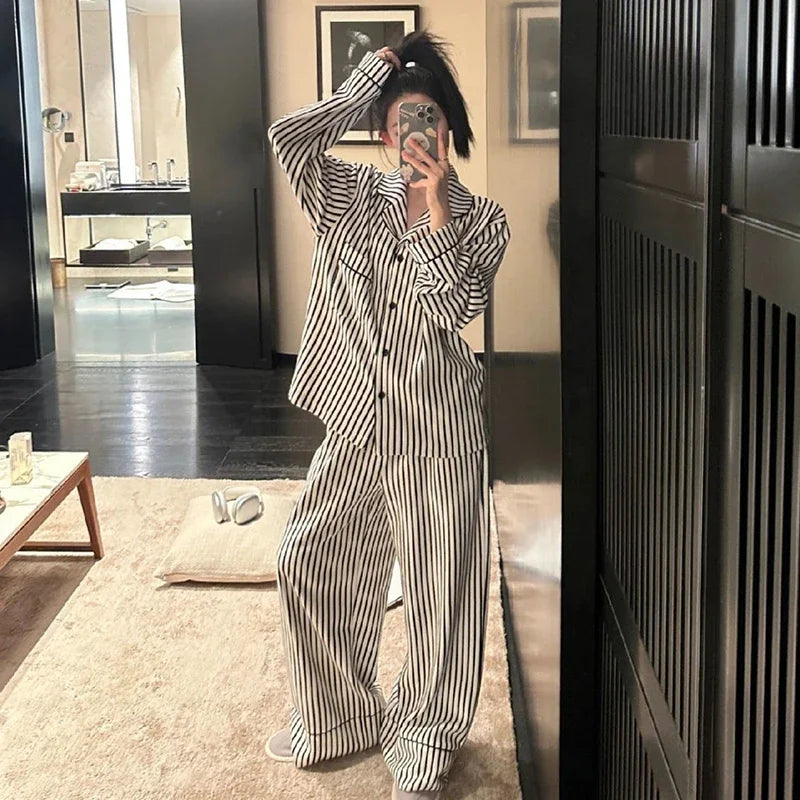 Women's Striped Pajama Set – 2-Piece Korean Sleepwear