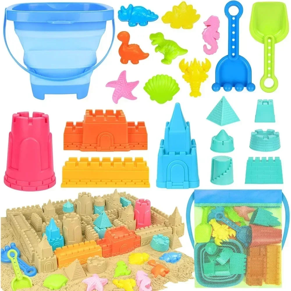 22-Piece Kids Collapsible Beach Toy Set – Sand Bucket & Molds