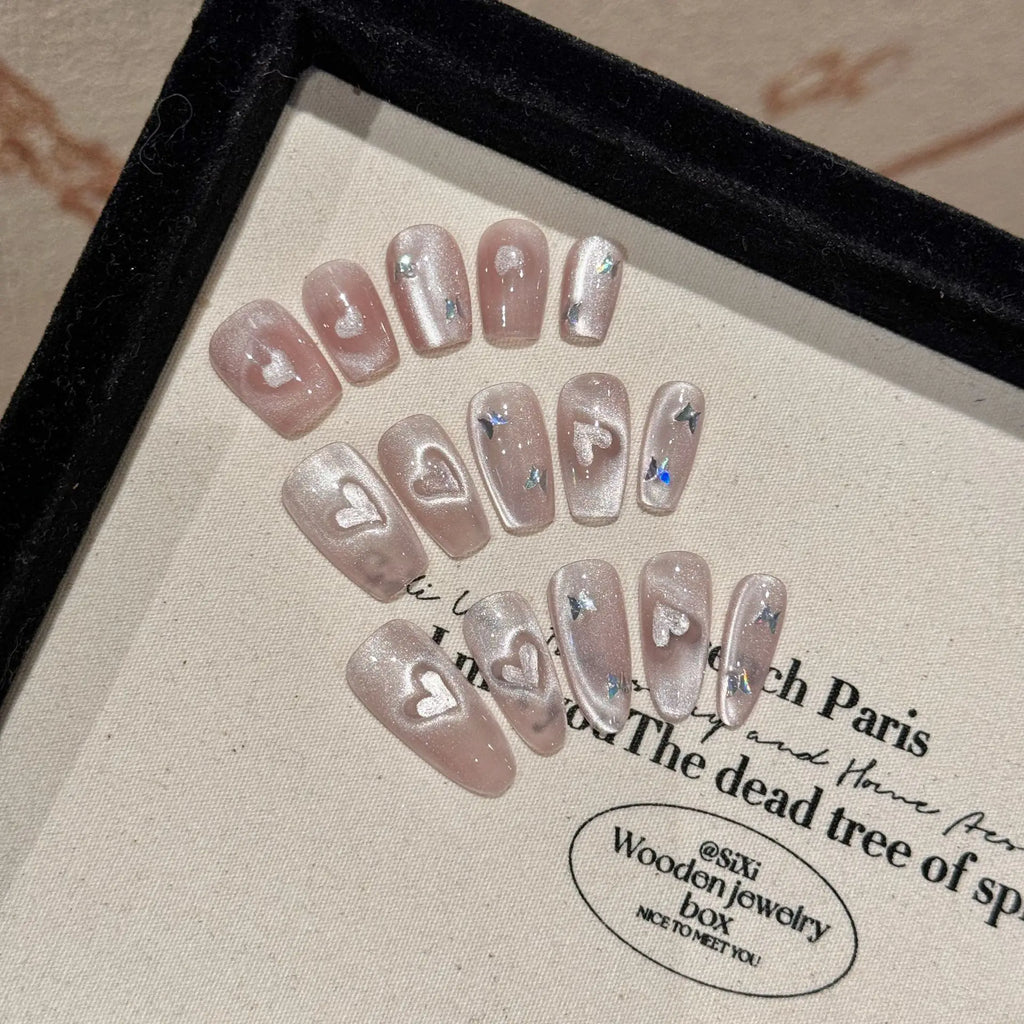 Sweet Pink Cat Eye Press-On Nails | Korean Oval Manicure Set